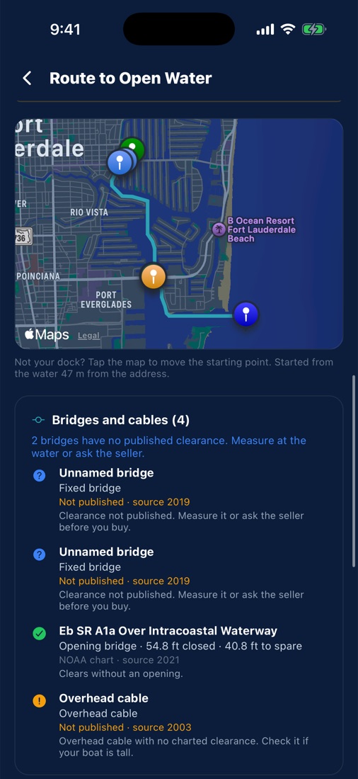 The route from Las Olas Isles to Port Everglades Inlet on a map, with its bridges and cables